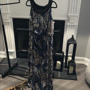 R&M Richards Navy Blue and Beige Printed Maxi Dress with Embellished Neckline